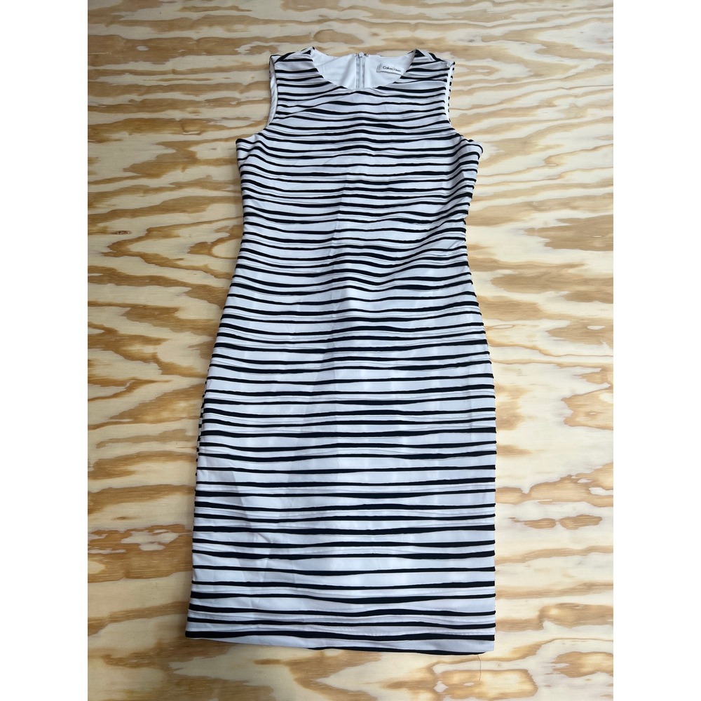 Calvin Klein Womens Black White Striped Sleeveless Sheath Dress Size 4